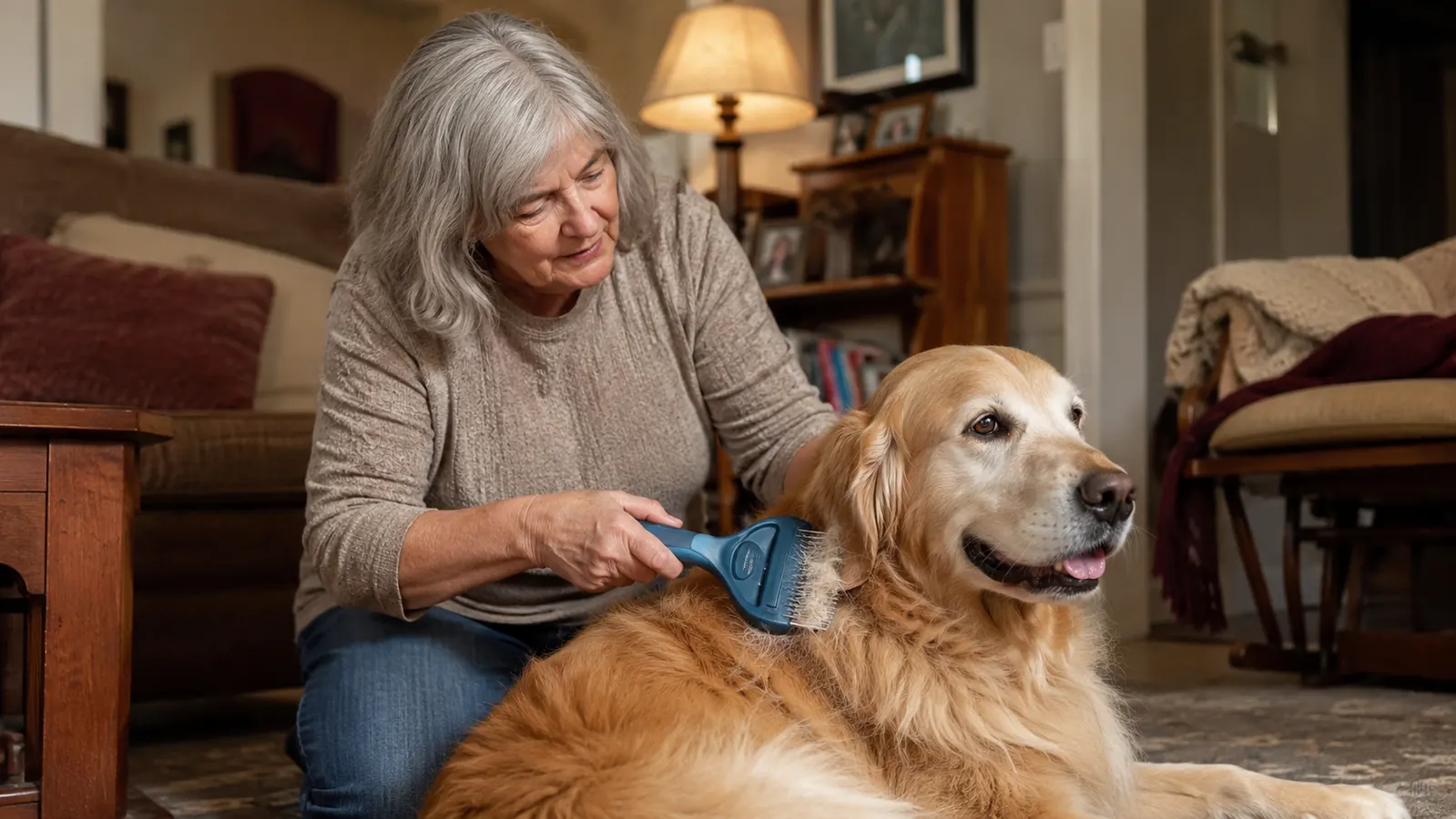 Grandmother sitting on a living room floor gently deshedding her golden retriever with a blue double sided brush, loose fur visible on the brush teeth