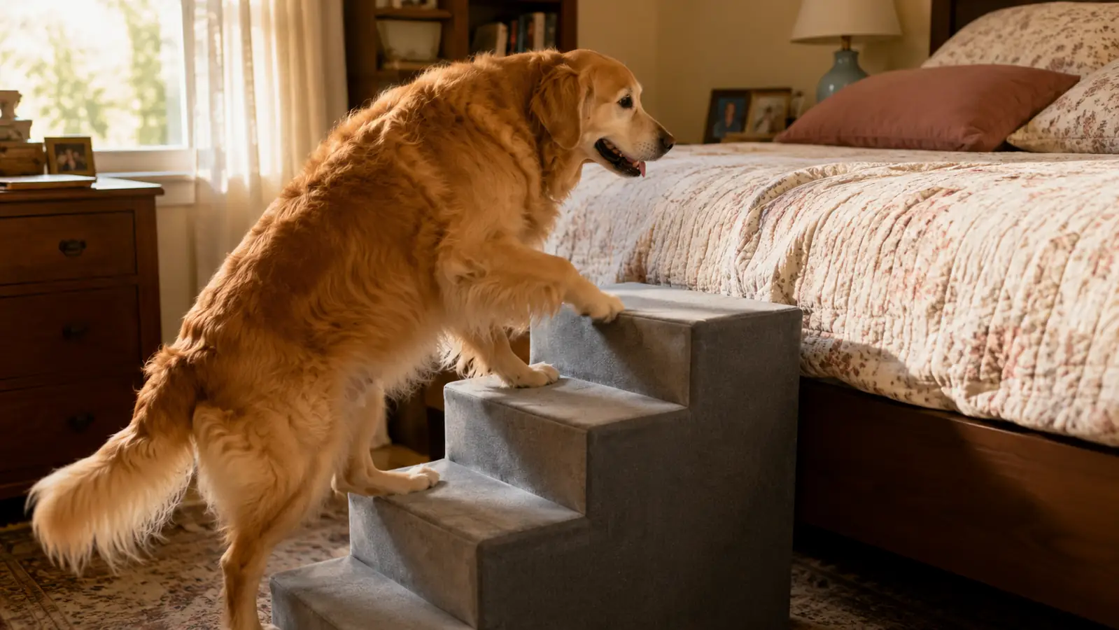A senior golden retriever climbing a grey five-step dog stairs set up to a tall bed in a warm bedroom