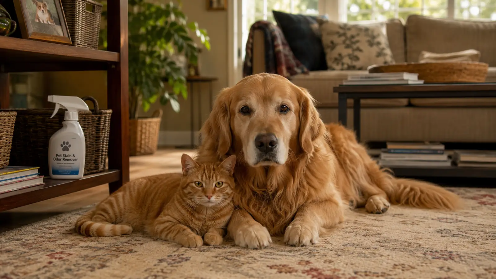 An orange tabby cat and a Golden Retriever resting together on a clean rug while a spray bottle of pet cleaner sits nearby on a shelf