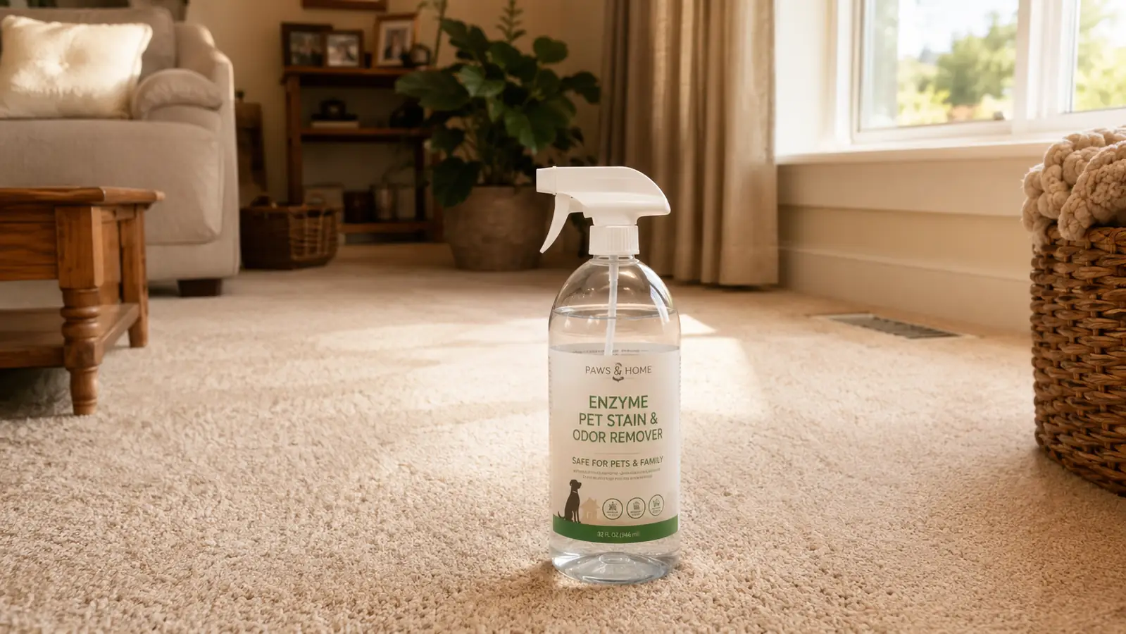 A clear bottle of enzyme pet stain and odor remover standing on a clean beige living room carpet