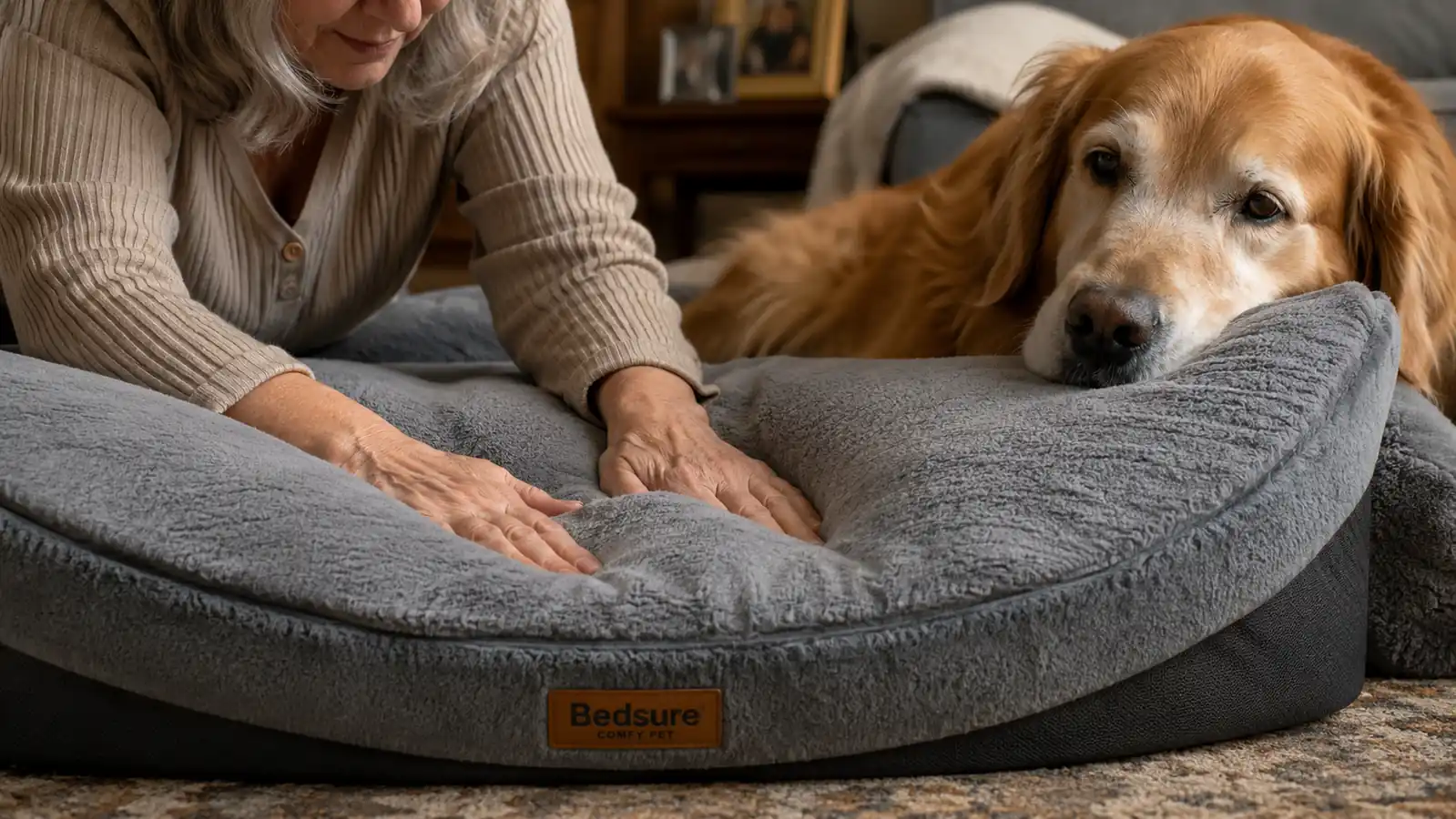Hand pressing into the thick cushioned surface of a grey orthopedic dog bed to show the supportive foam