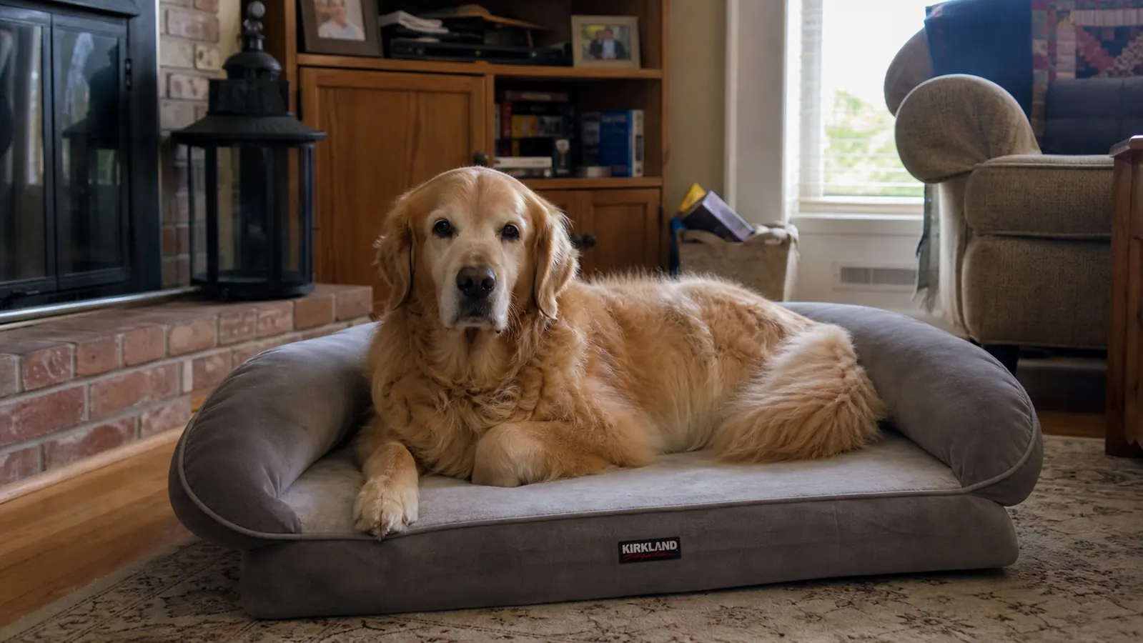 A senior golden retriever lying comfortably on a grey orthopedic dog bed with bolster sides in a warm living room