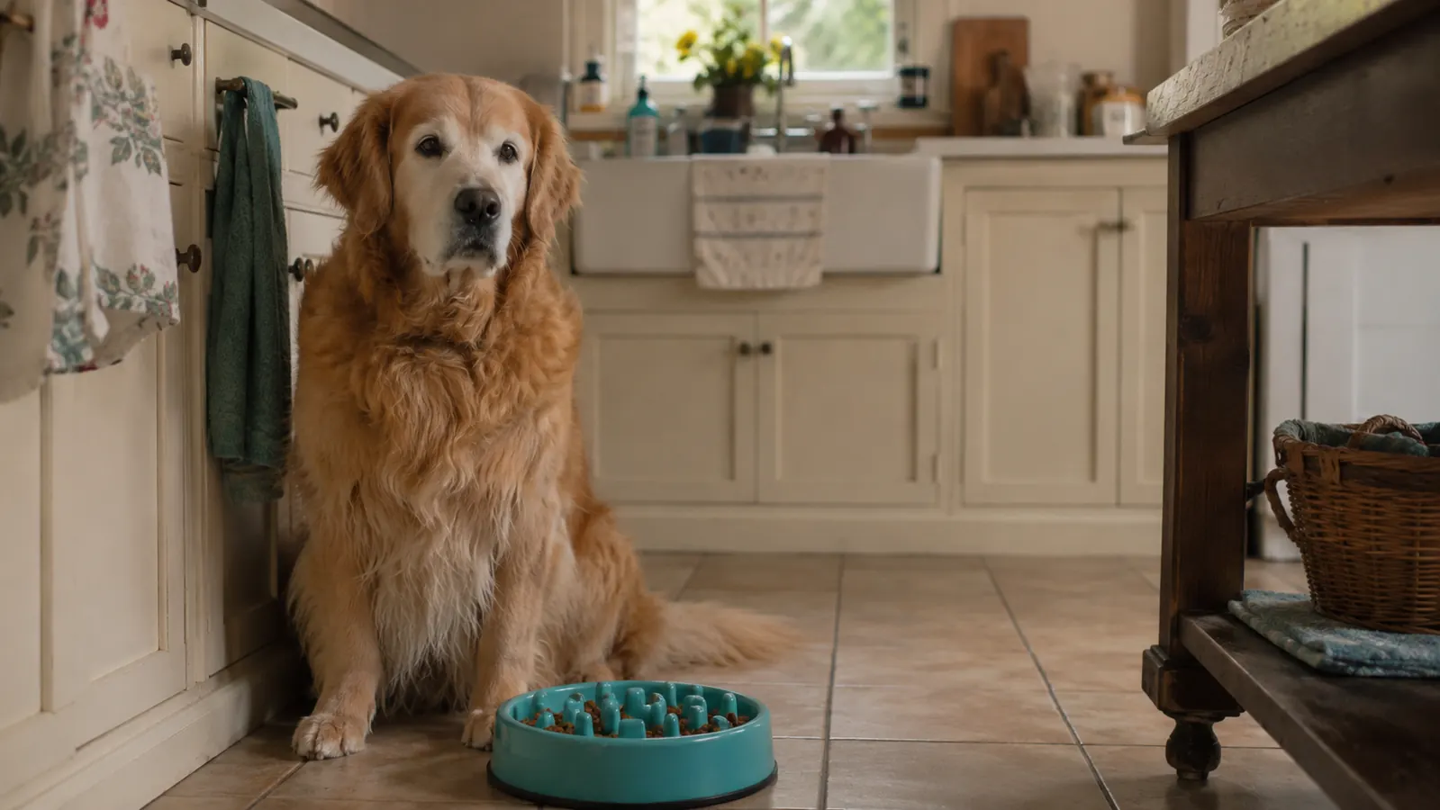 A golden retriever standing beside a turquoise slow feeder bowl on a kitchen floor, waiting patiently before a meal