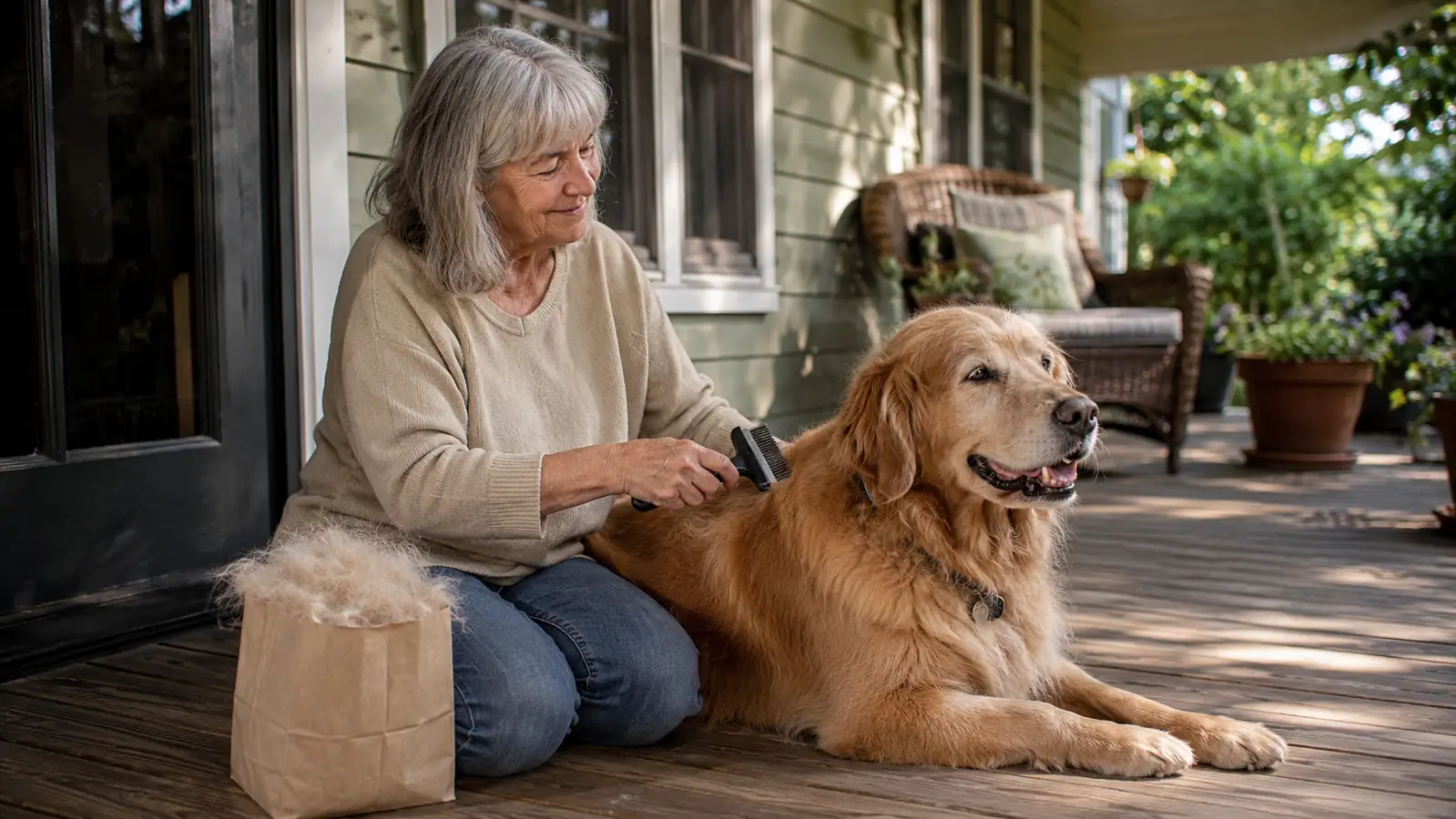 Grandmother sitting on a sunlit back porch brushing her golden retriever with a deshedding rake
