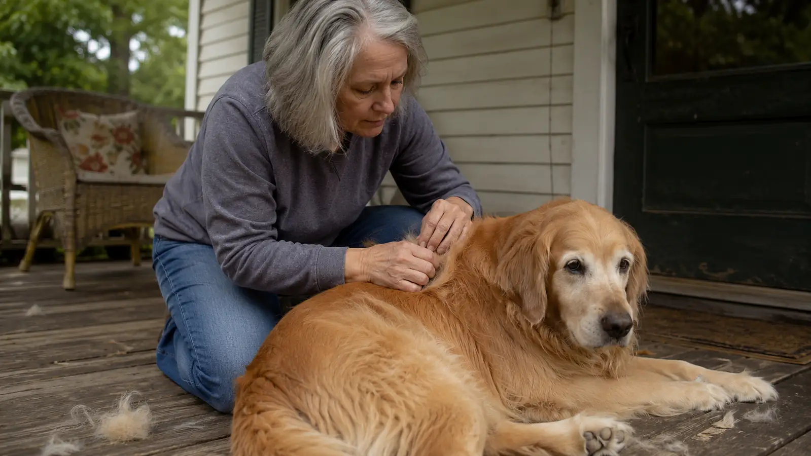 Grandmother kneeling on a back porch closely inspecting a senior golden retriever's coat with loose fur visible on the wooden boards