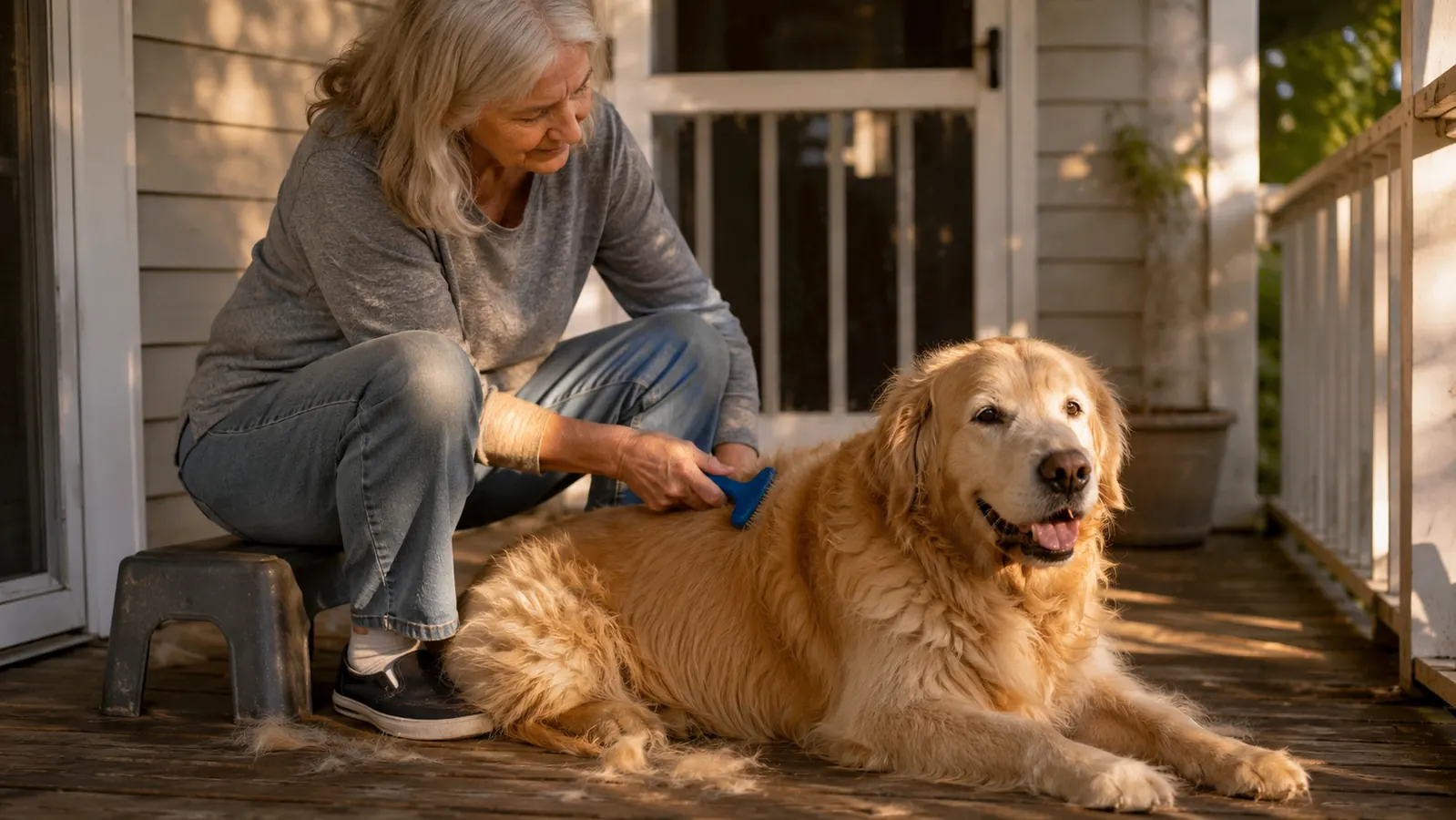 Grandmother sitting on a low porch stool brushing a senior golden retriever's back with a blue deshedding rake in warm morning light