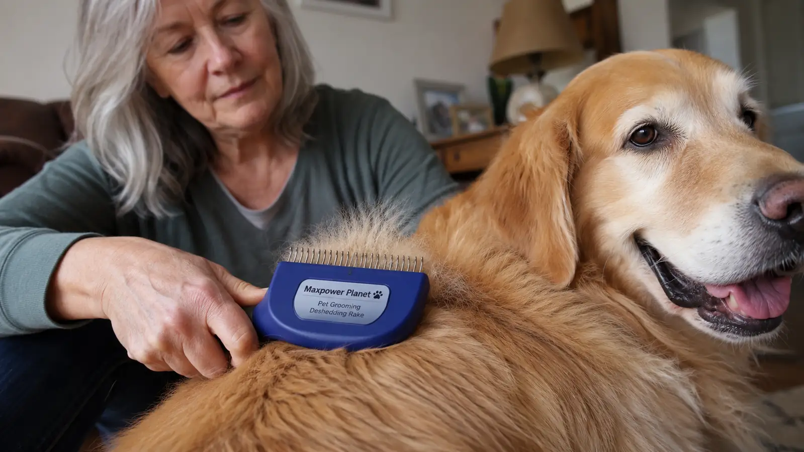 Close-up of a hand holding the blue double-sided deshedding rake against a dog's golden coat, with loose undercoat caught between the teeth