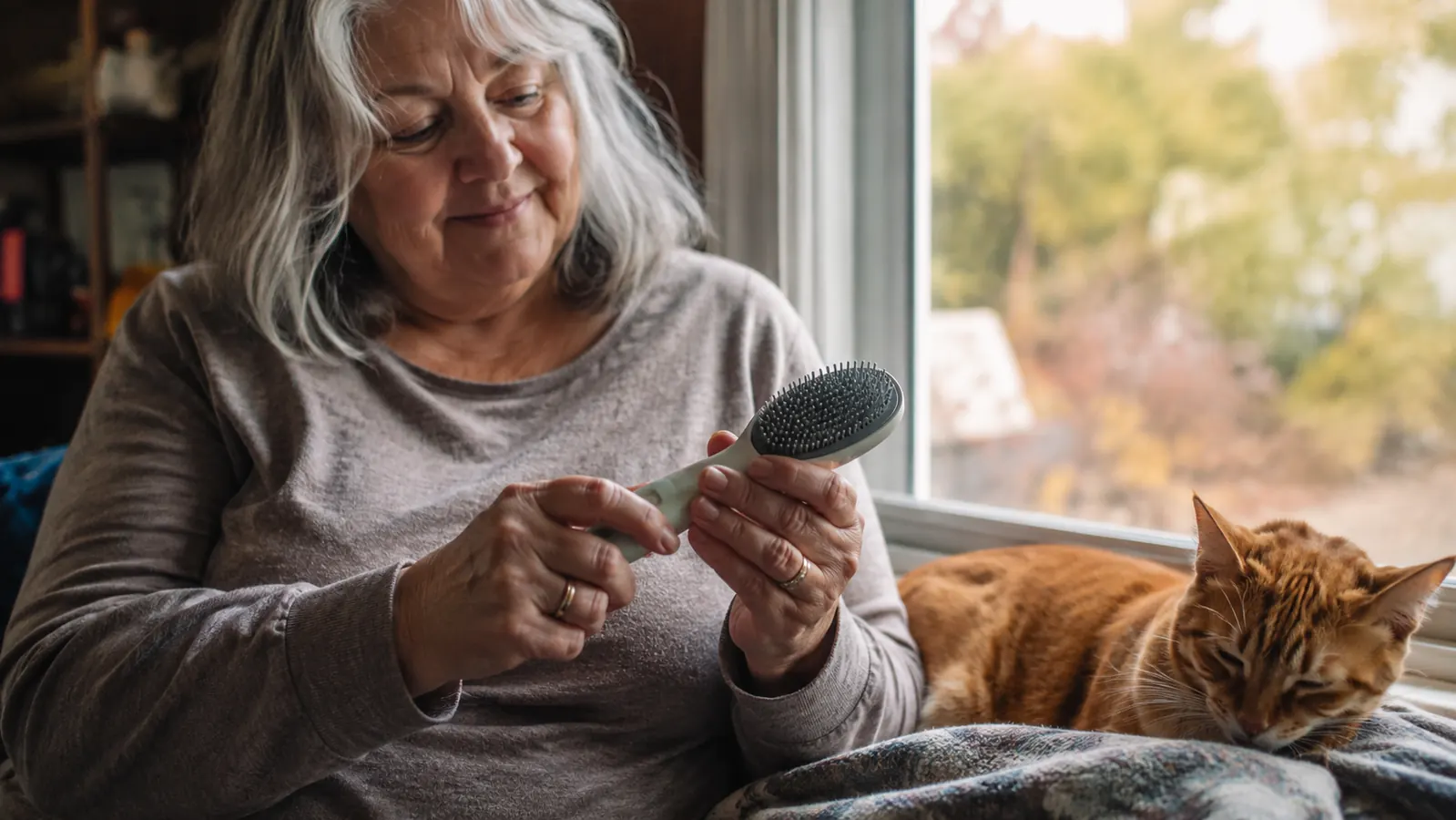 An older woman's hands with visible arthritis knuckles gently gripping a lightweight grooming tool handle, cat curled nearby on a sunny windowsill