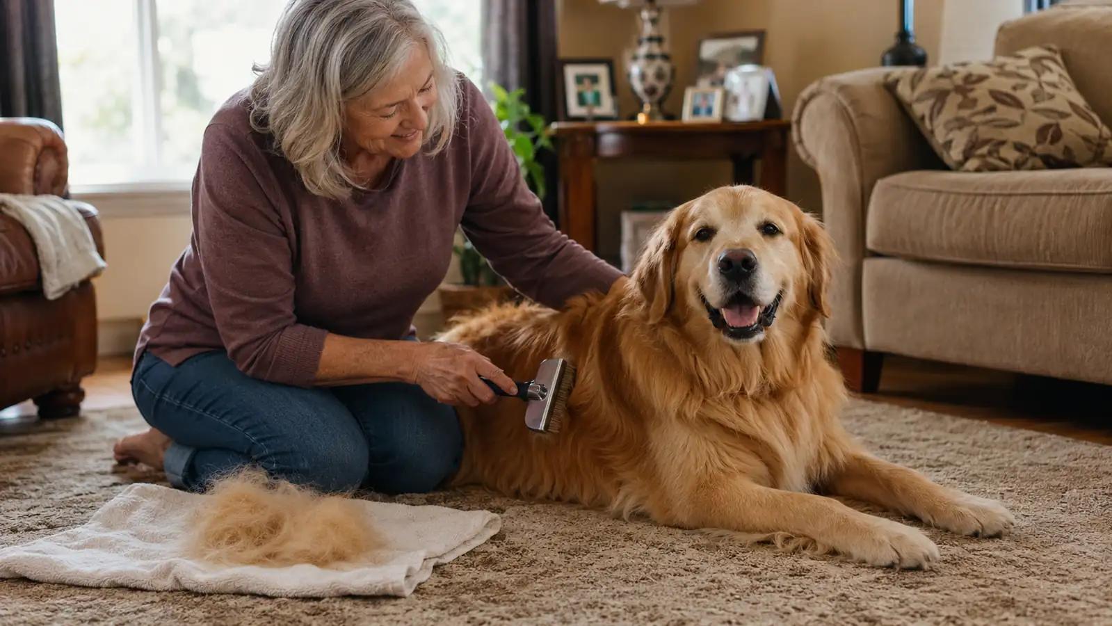 A senior woman kneeling on a living room rug brushing a Golden Retriever with a double-sided deshedding rake, hair collecting on a towel beside her