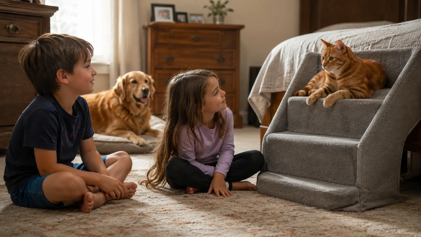 Grandchildren sitting on a bedroom floor near pet stairs while an orange tabby cat rests on a middle step