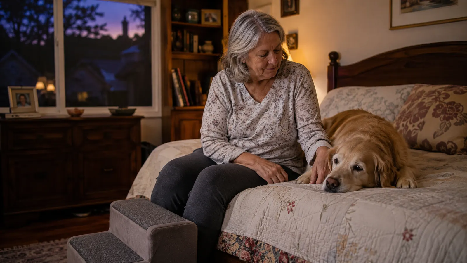 Older woman sitting on the edge of a bed with a golden retriever resting beside her, pet stairs visible nearby