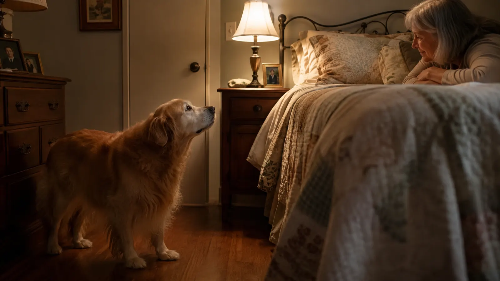 A golden retriever standing at the foot of a bed at night, looking up toward the mattress