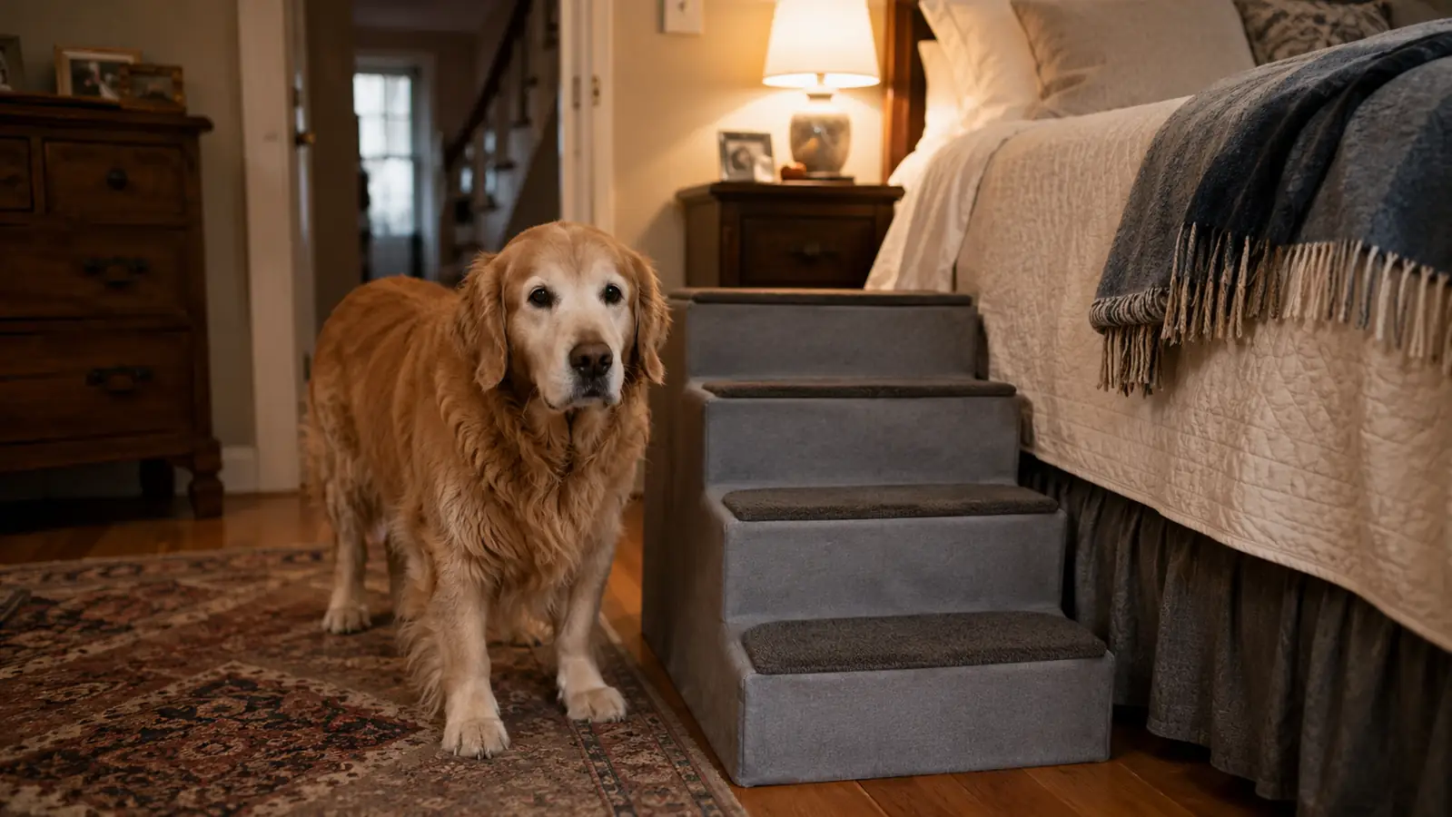 A nine-year-old Golden Retriever standing at the base of a set of grey five-step pet stairs beside a tall bed in a warm bedroom
