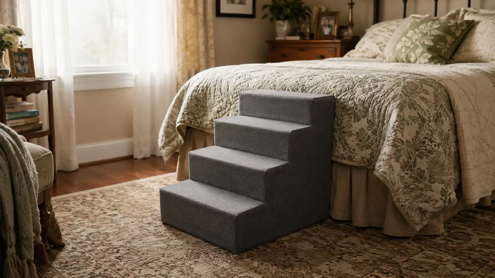 Grey five-step dog stairs set up beside a tall bed in a warm, lived-in bedroom
