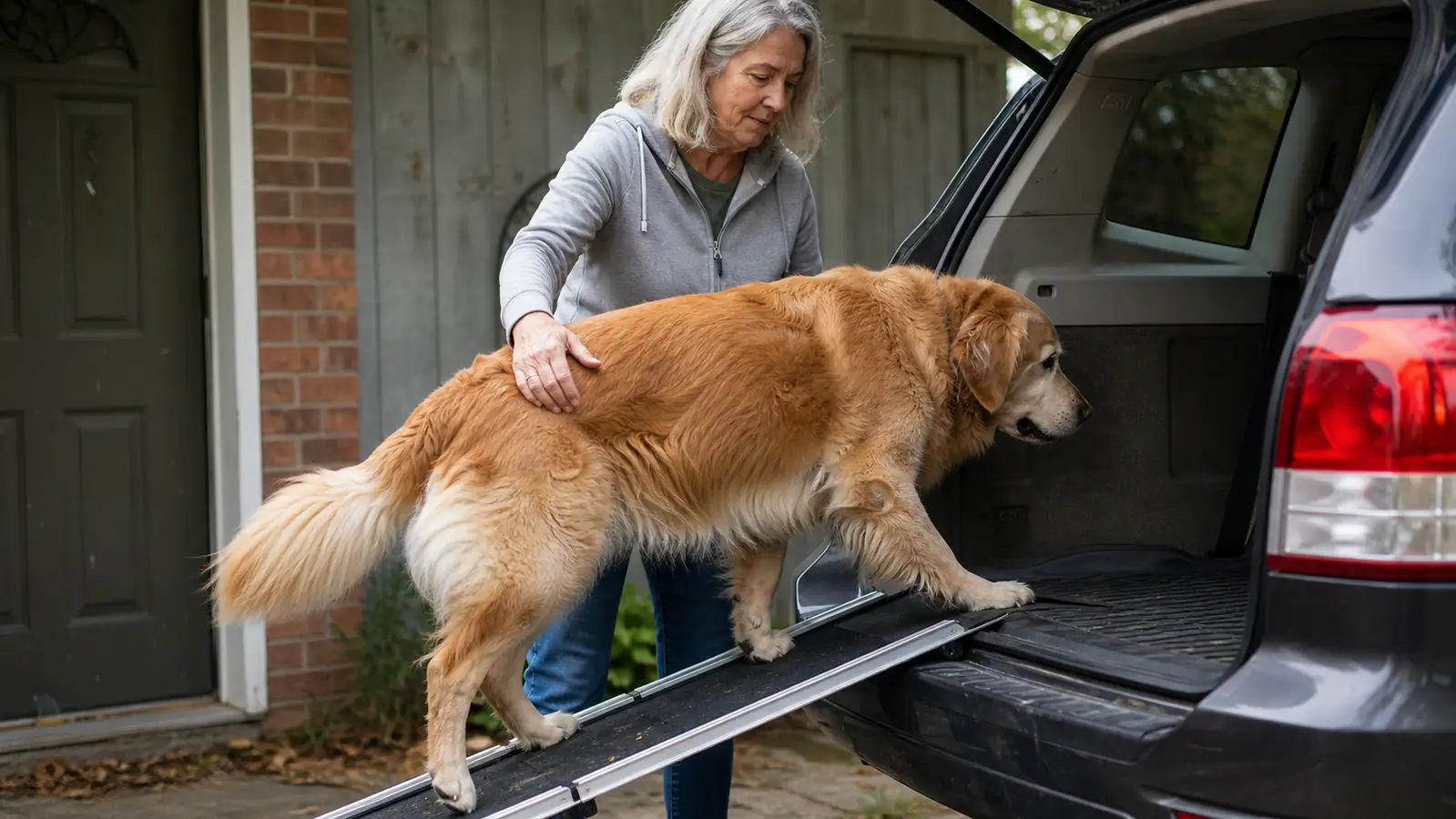 An older woman helping a Golden Retriever walk up a folding ramp into the back of a parked SUV