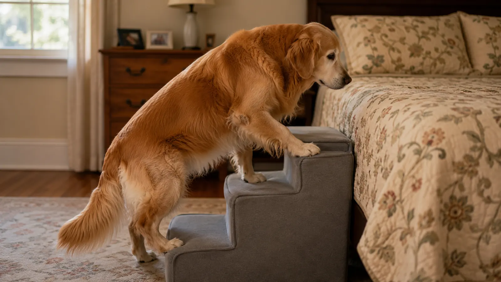 A senior Golden Retriever climbing a five step grey pet stairs unit set against a bed in a warm bedroom