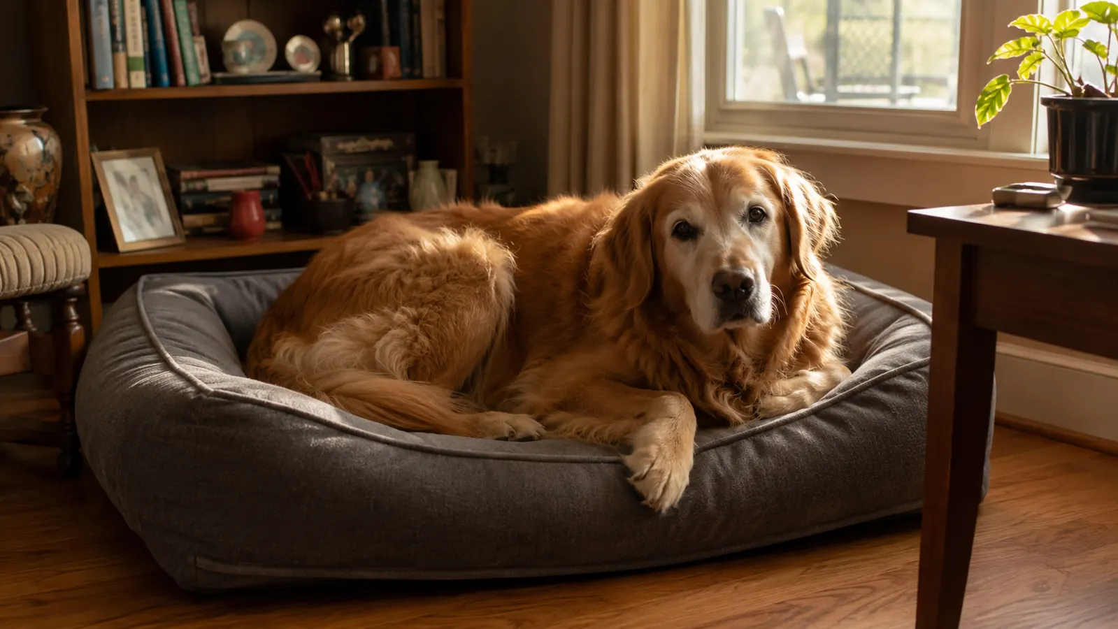 A senior golden retriever lying comfortably on a thick gray orthopedic dog bed in a sunlit living room corner