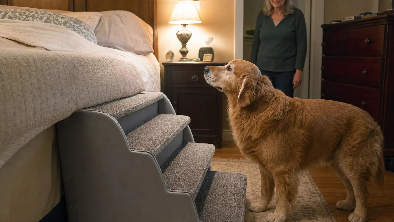 Golden Retriever standing beside a set of grey dog stairs next to a bed in a warm bedroom
