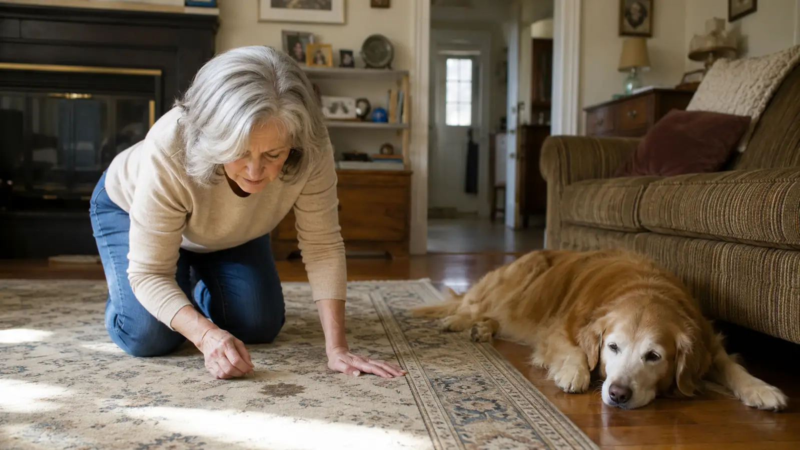 Grandmother kneeling on a living room carpet inspecting an old stain near a rug edge, with a golden retriever lying nearby in soft afternoon light