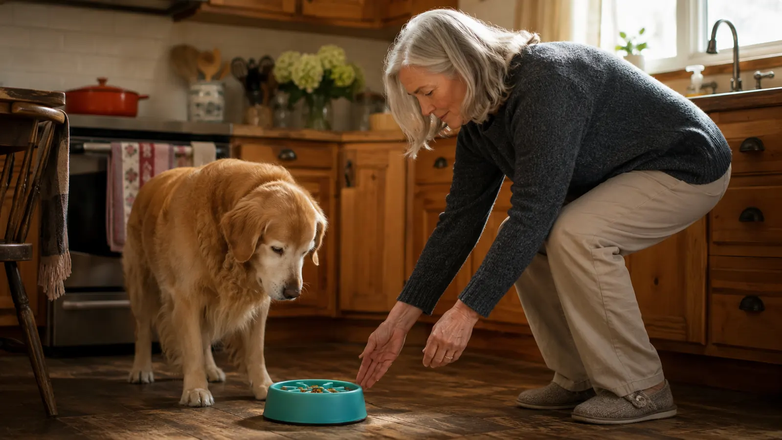 A golden retriever standing calmly at his food bowl in a warm kitchen, waiting instead of lunging at the food