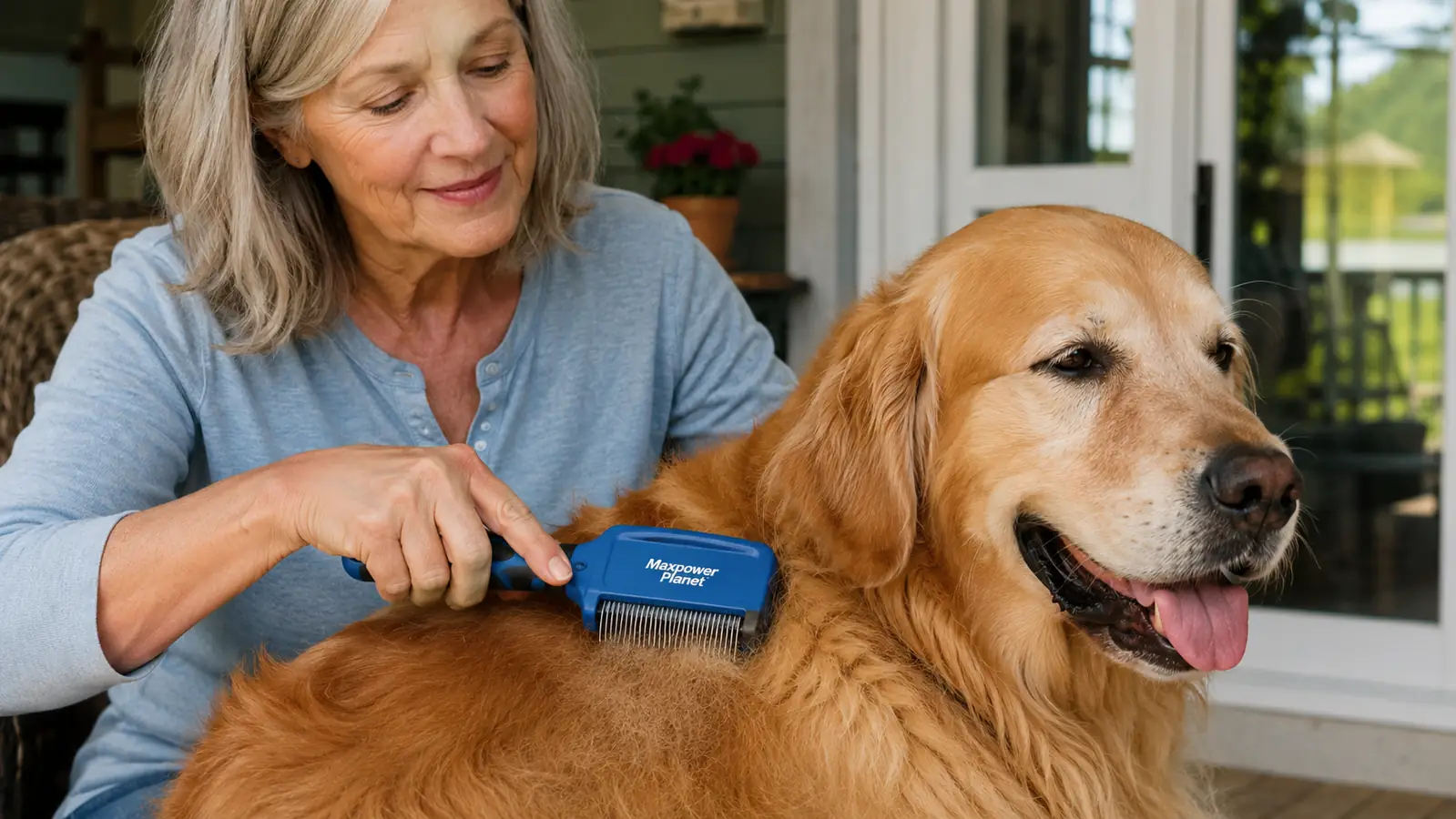 Hand holding a blue double sided deshedding rake close to a dog's coat during brushing