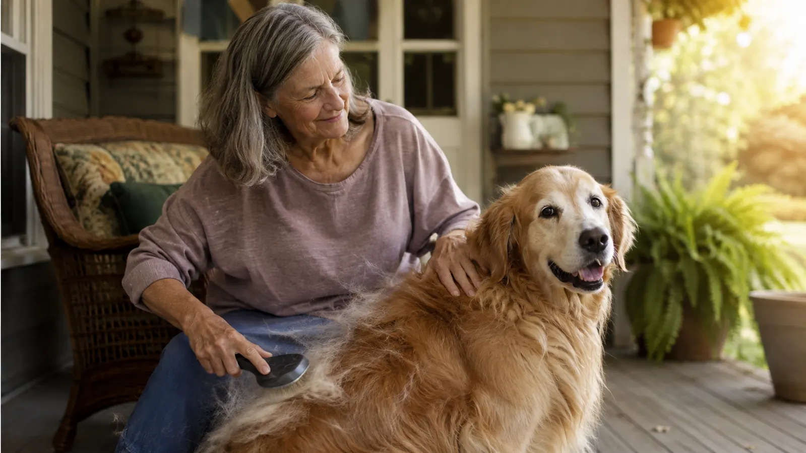 A golden retriever being brushed on a porch with visible loose fur coming off the coat