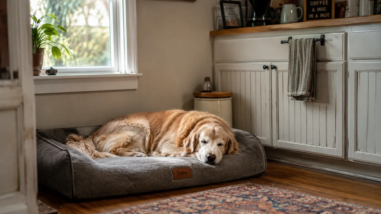 A nine-year-old Golden Retriever lying peacefully on a grey orthopedic dog bed in a softly lit kitchen corner early in the morning
