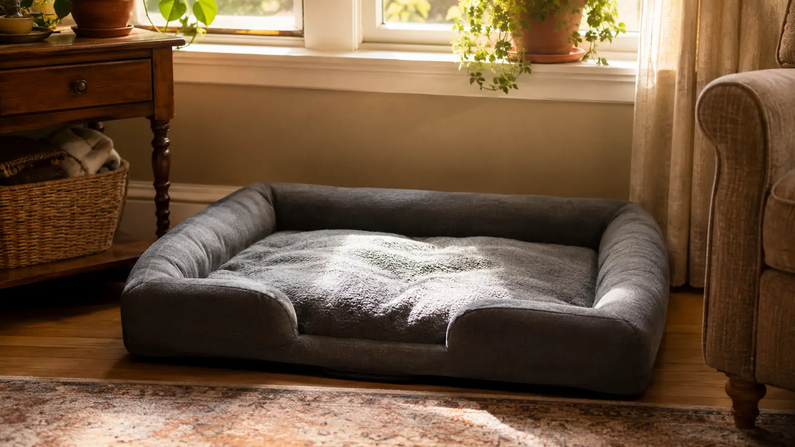 A grey bolster-sided orthopedic dog bed sitting in a sunny living room corner, freshly unpacked and fully expanded