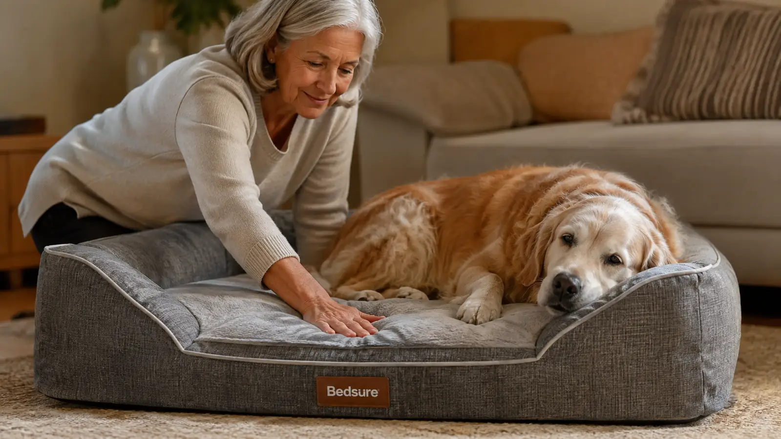 Close-up of a hand pressing into the grey orthopedic dog bed cushion, showing the foam holding its shape without bottoming out