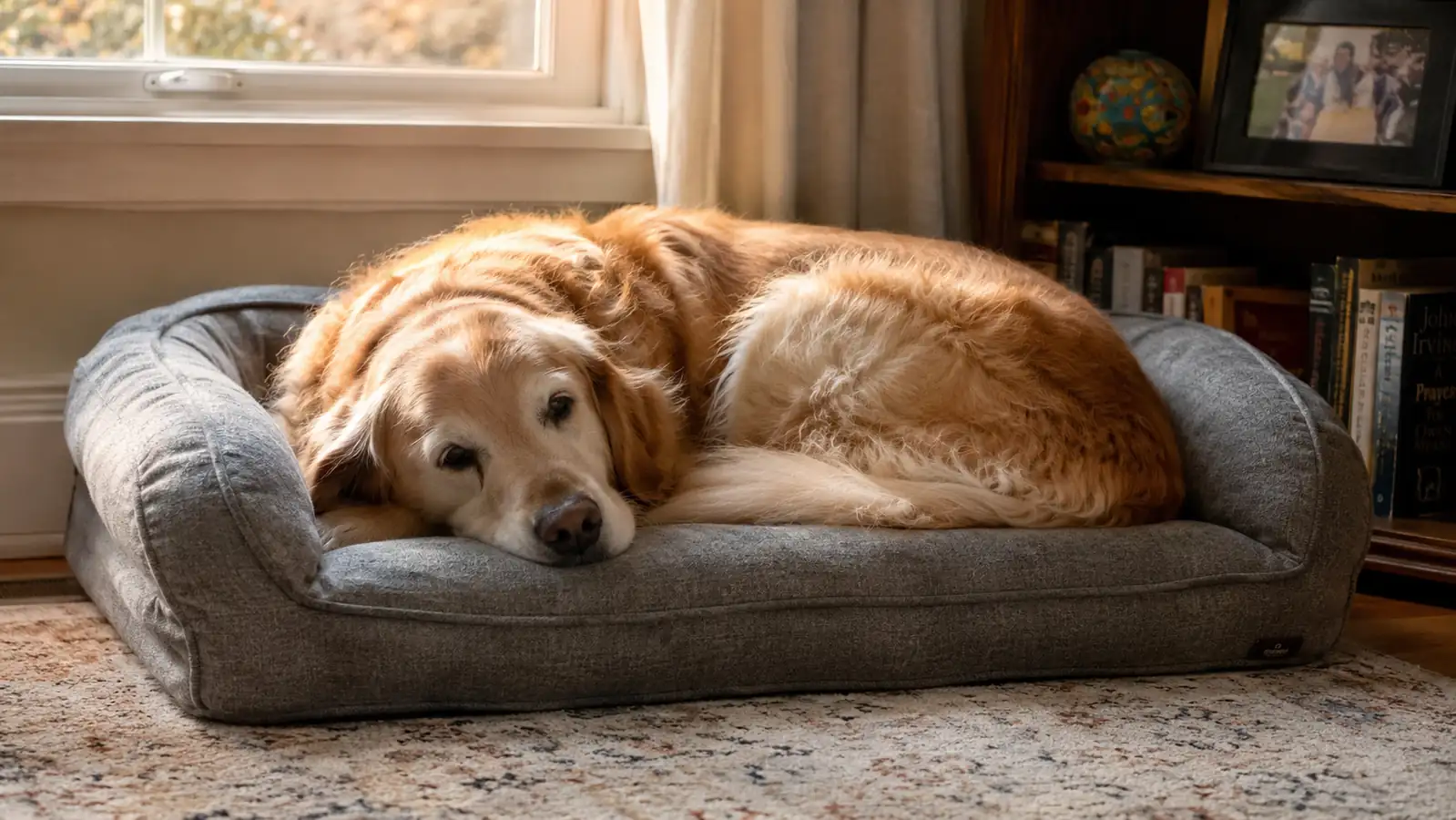 A nine-year-old Golden Retriever resting comfortably on a grey orthopedic dog bed with raised bolster sides in a warm living room
