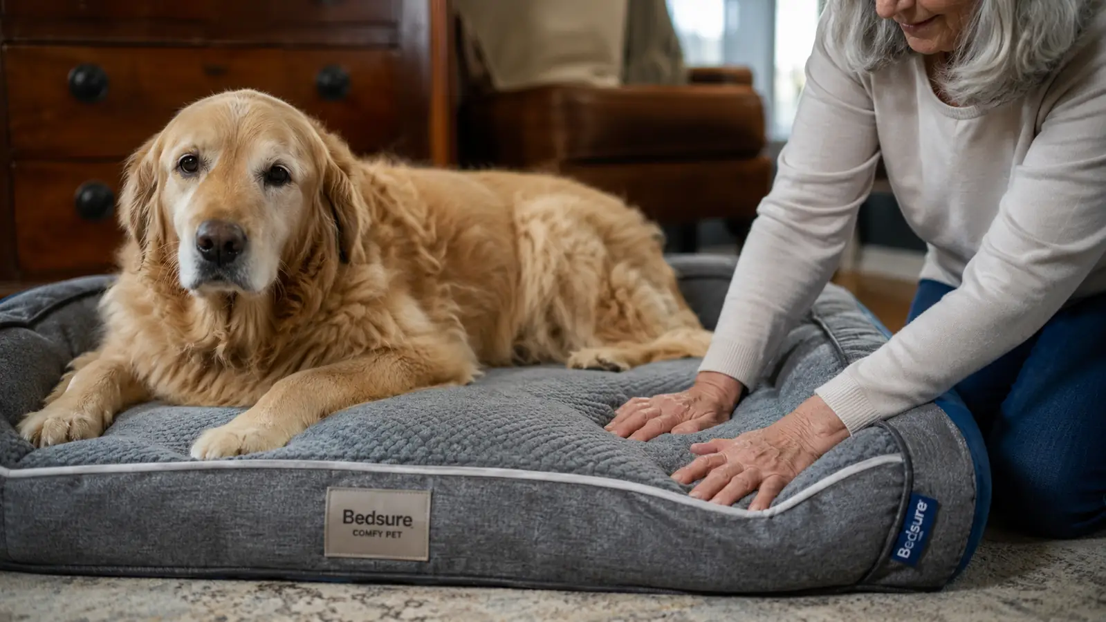 Close-up of a hand pressing into the thick supportive foam layer of the gray orthopedic dog bed, showing it hold its shape