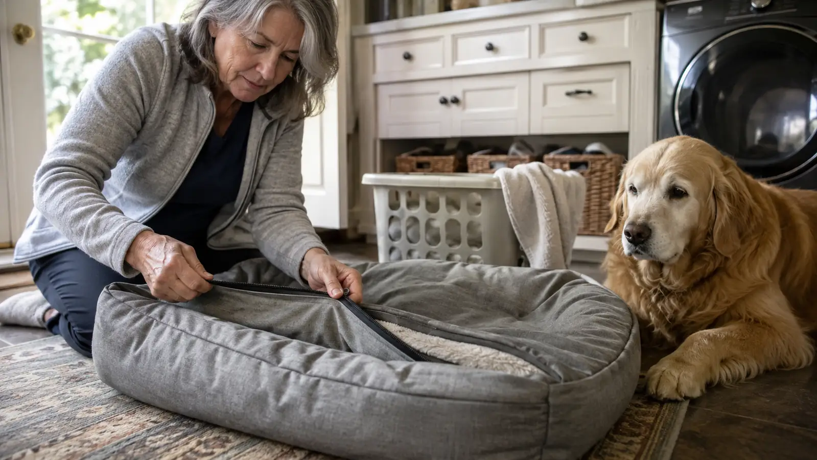 An older woman's hands with a soft washable dog bed cover, a laundry basket nearby, in a bright utility room