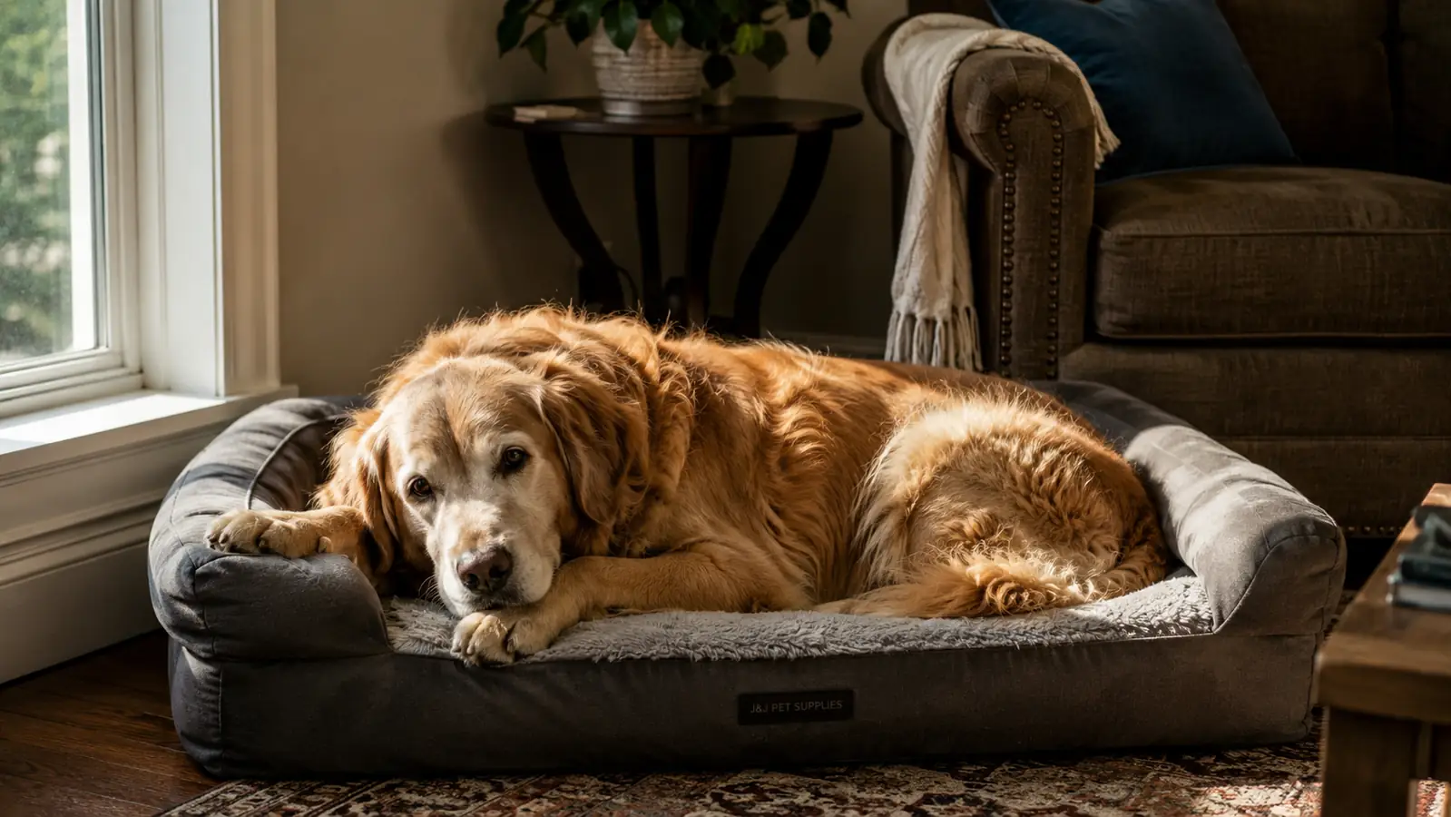A senior Golden Retriever lying on a gray bolster-sided orthopedic dog bed in a warm sunlit living room
