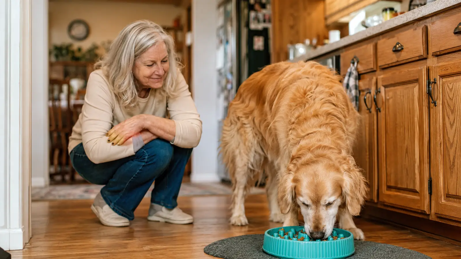 Grandmother kneeling on her kitchen floor watching her golden retriever eat calmly from a turquoise slow feeder bowl