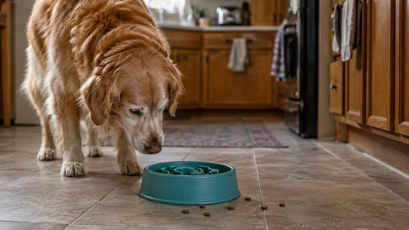 A turquoise slow feeder dog bowl on a kitchen floor with a few scattered pieces of kibble around its base