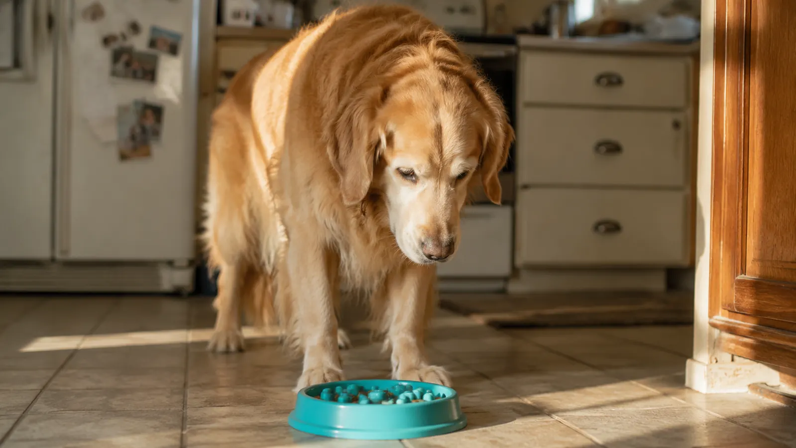 A nine-year-old Golden Retriever standing over a turquoise slow feeder bowl on a kitchen floor in warm morning light