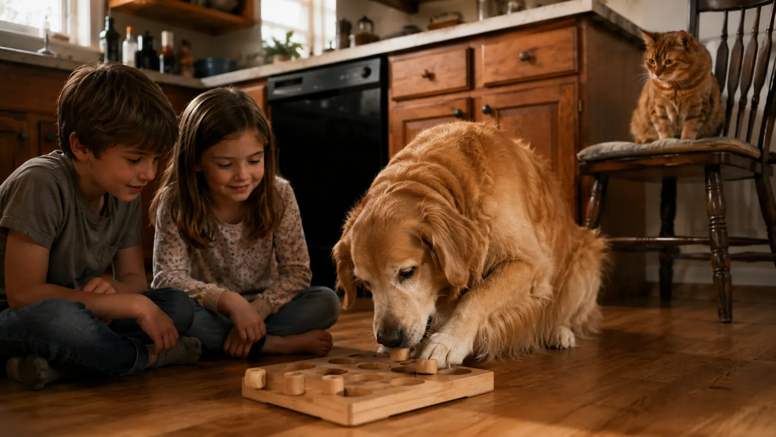 Two grandkids sitting on the kitchen floor watching a Golden Retriever work a puzzle feeder toy while an orange tabby cat watches from a nearby chair