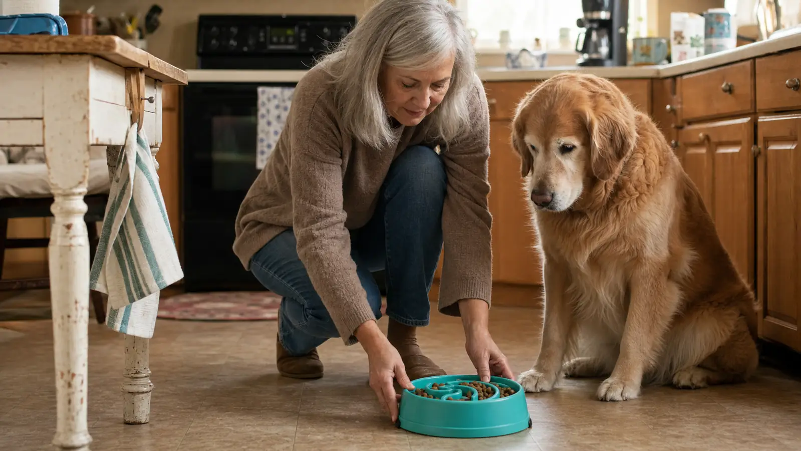 A senior woman setting a turquoise maze-style slow feeder bowl of kibble on the kitchen floor for a Golden Retriever waiting patiently
