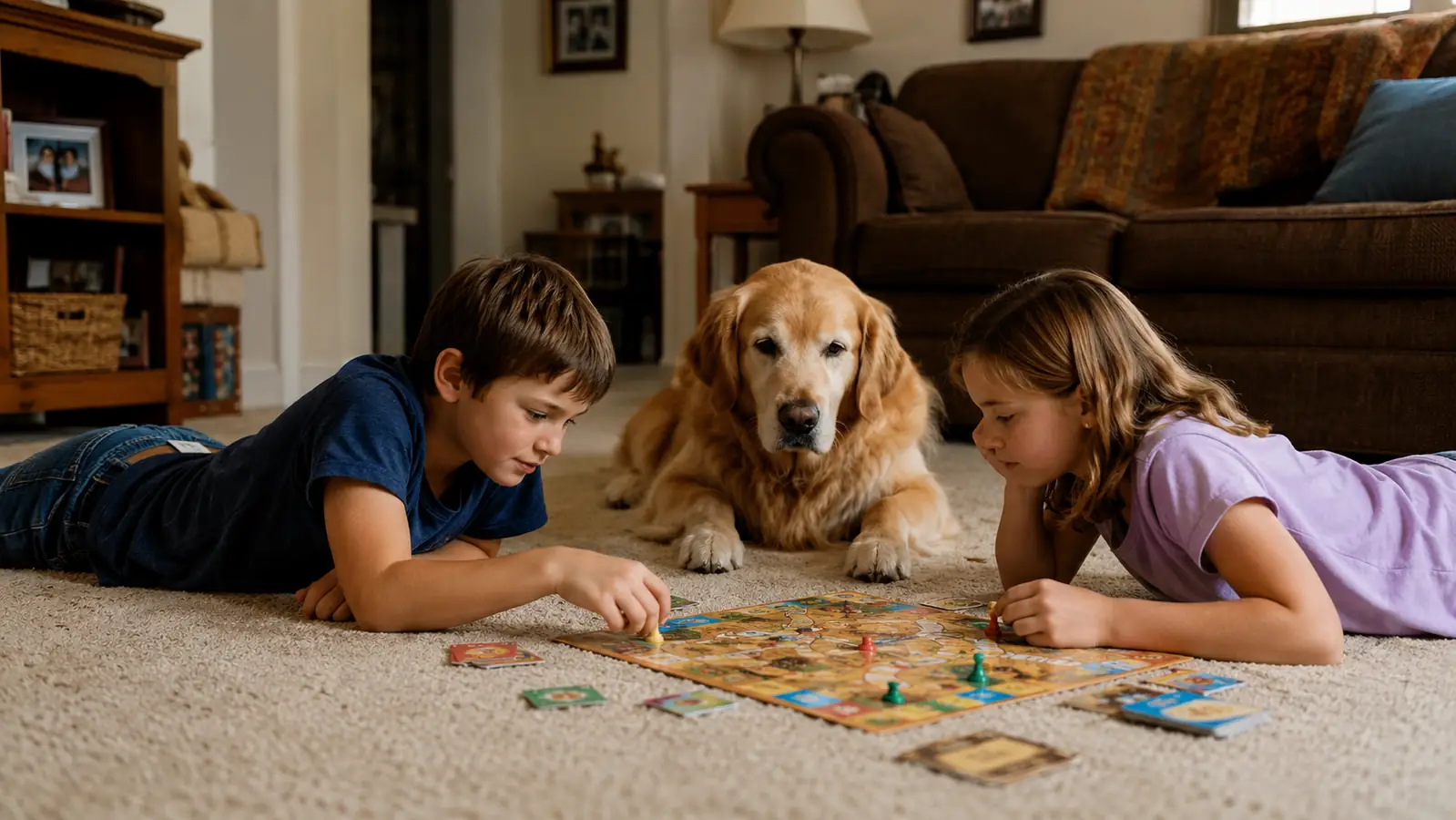 Grandkids sprawled on their stomachs playing a board game on a clean living room carpet
