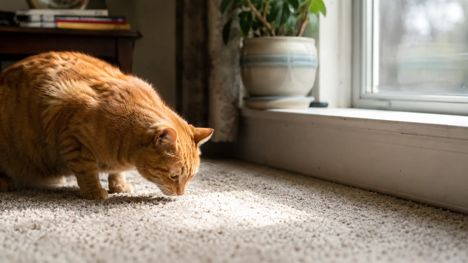 A orange tabby cat sniffing at a now-clean patch of carpet near a sunny window