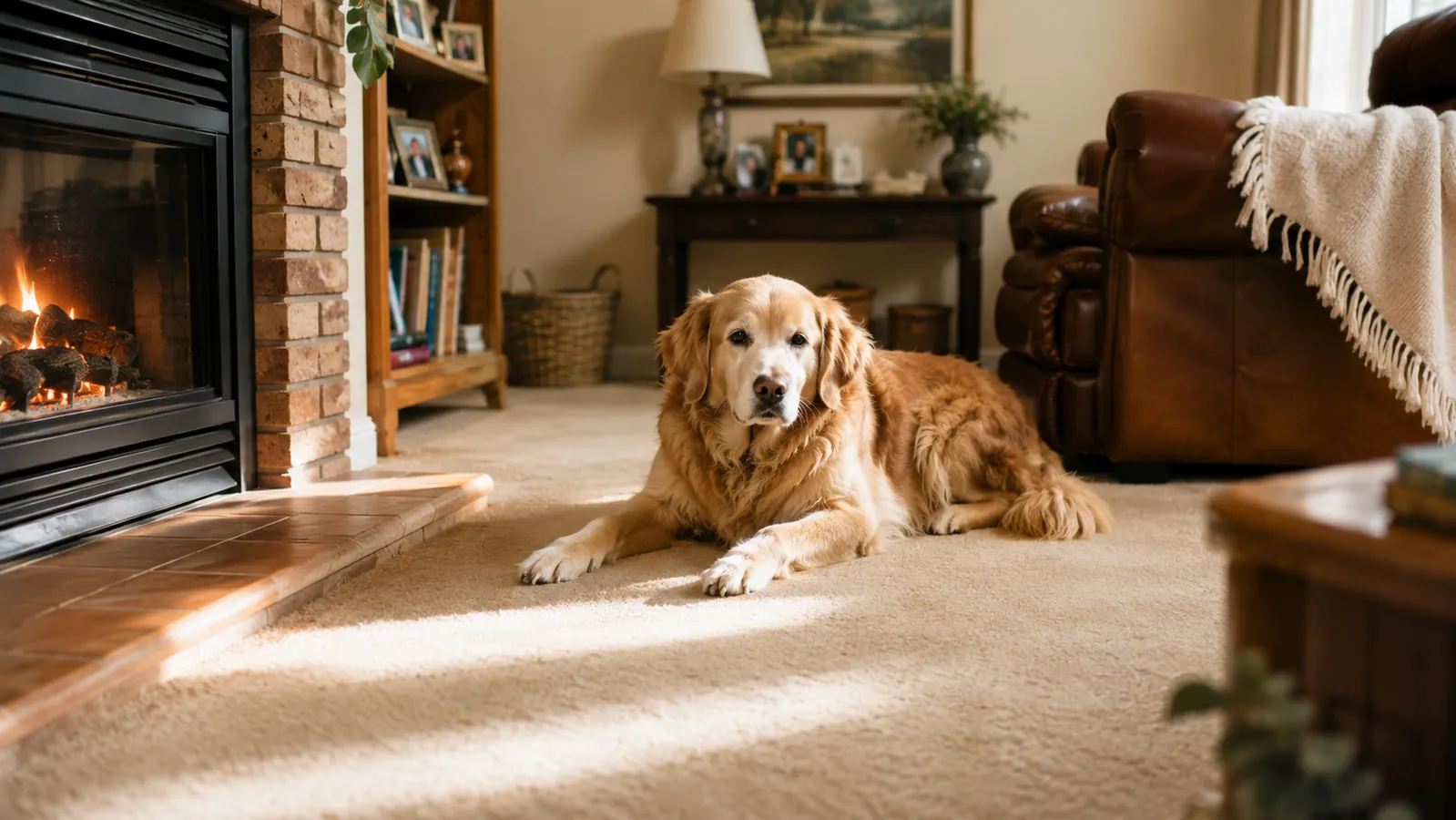 A sunlit living room corner with a clean beige carpet, a Golden Retriever resting nearby, no visible stains