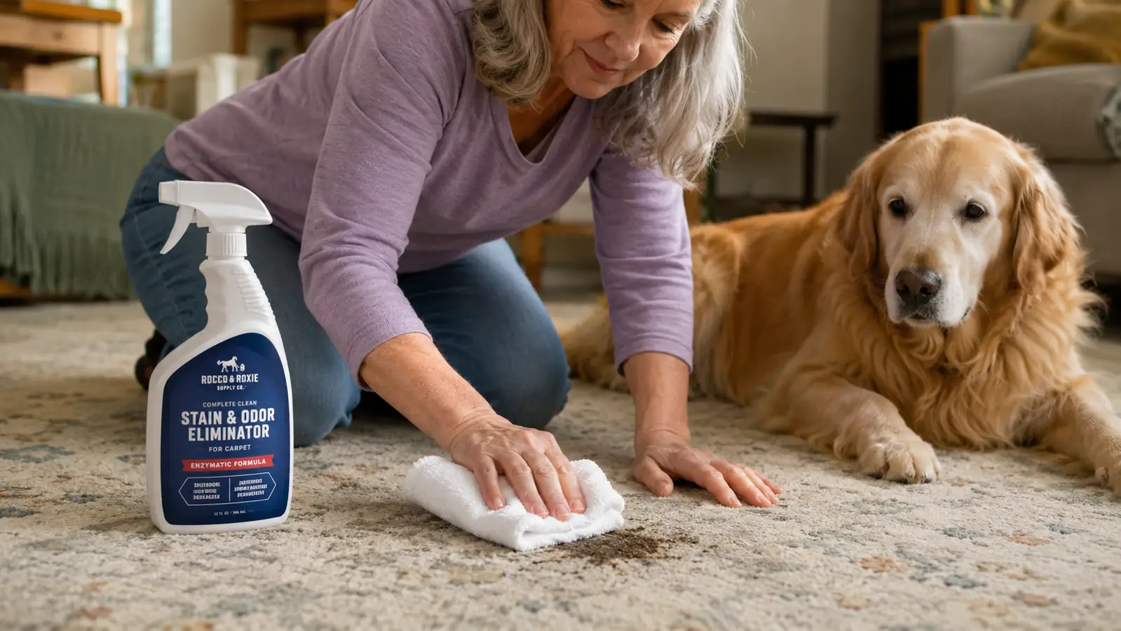 An older woman's hand pressing a folded towel over a carpet spot after spraying enzyme cleaner on it