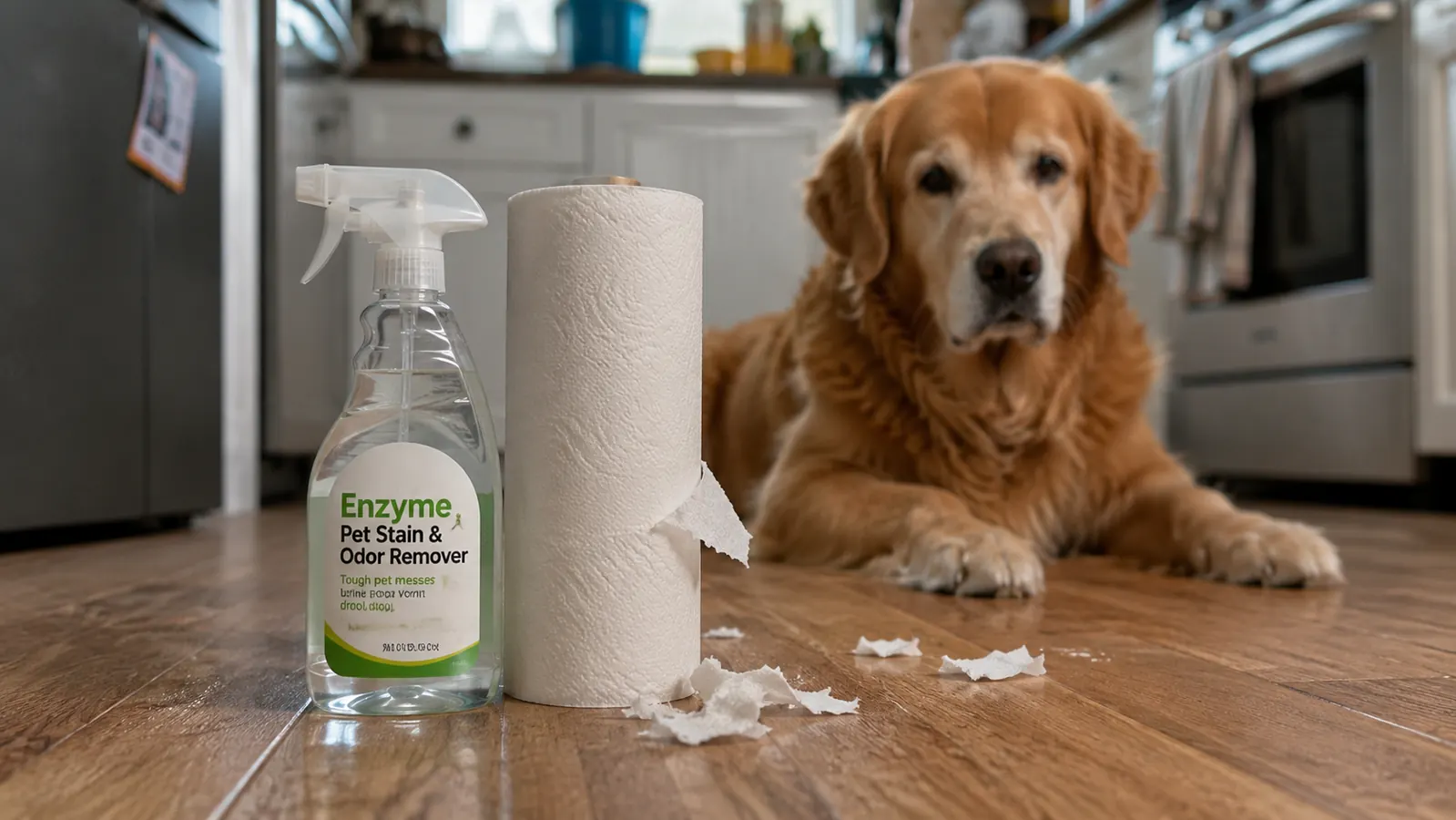 A spray bottle of enzyme pet stain and odor remover next to a roll of paper towels on a kitchen floor