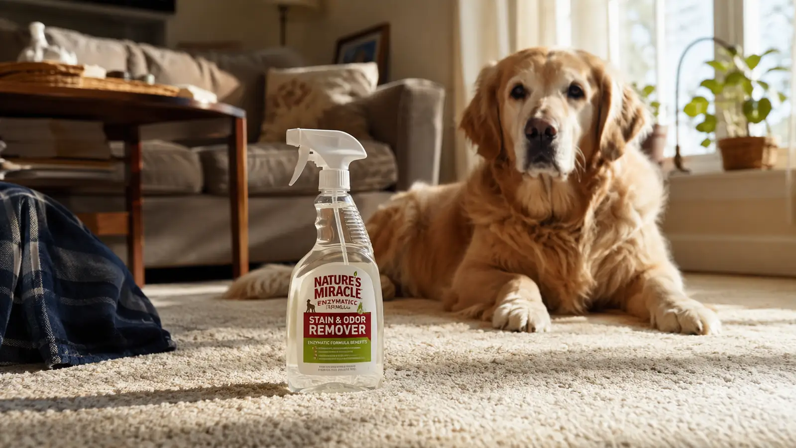 A clear spray bottle of pet stain and odor remover sitting on a clean living room carpet near a sunny window