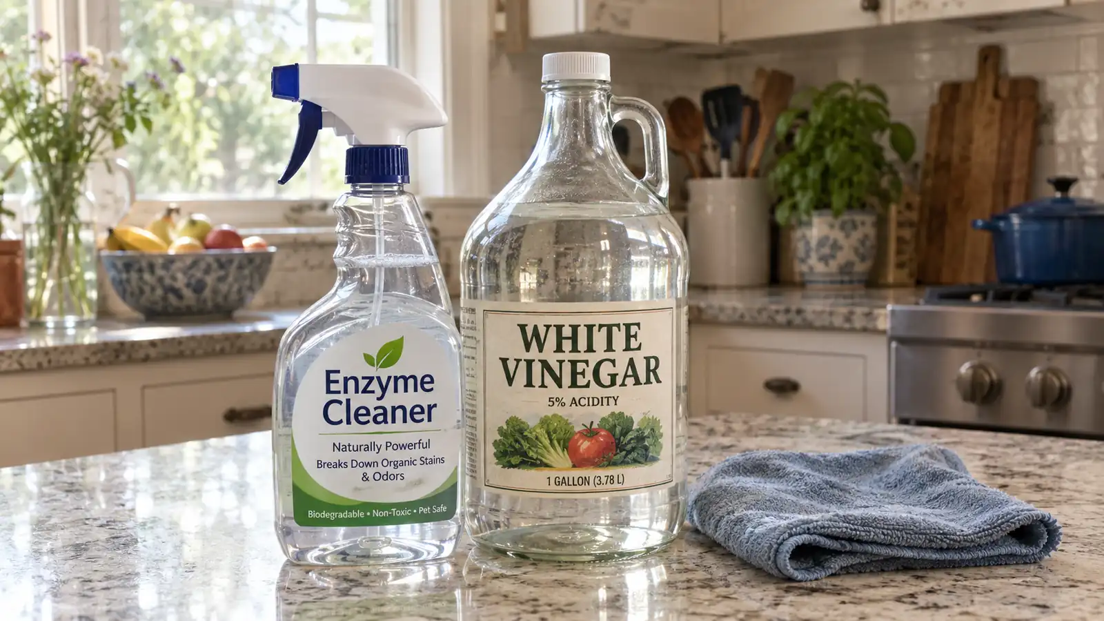 A spray bottle of enzyme cleaner and a glass jug of vinegar sitting side by side on a kitchen counter next to a folded cleaning rag