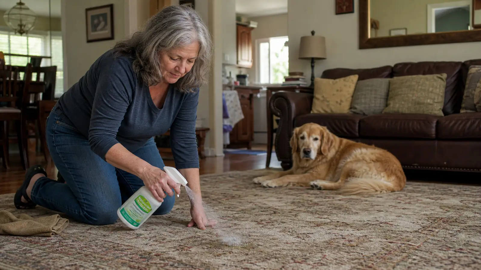 An older woman kneeling on a living room rug spraying a clear enzyme cleaner on a carpet stain while a Golden Retriever watches nearby